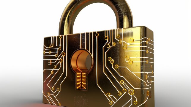 A golden padlock with integrated electronic circuits, isolated on white background, showing modern security technology, futuristic tone, Monochromatic Color Scheme