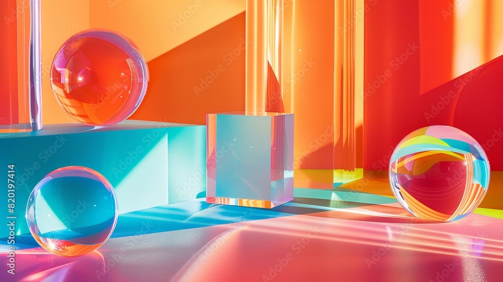 Poster colorful abstract geometric shapes - brightly colored geometric shapes and spheres with reflections 