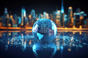 Fototapeta premium generated illustration of translucent globe with map with city scape as the background.
