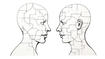 Two heads consisting of jigsaw puzzles looking at each other, concept of mental activity