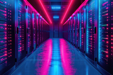 Data center aisle with blue illuminated server racks