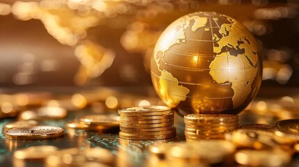 A golden earth globe near gold coins, with a blurred world map backdrop, illustrating planet on sale, sci-fi tone, vivid