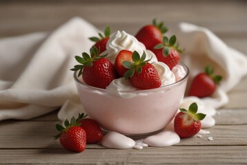 strawberries with cream, still life, dessert