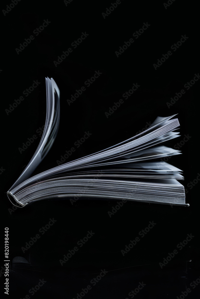 Poster open book with pages fluttering on black - the image captures a book with pages fluttering, suggesti