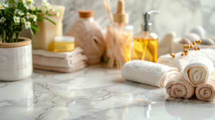 Fototapeta na wymiar Luxurious Spa Products Organized on Marble Bathroom Counter