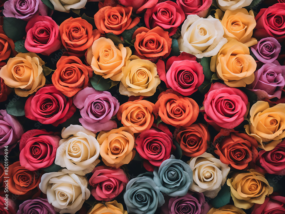 Poster top view presents a flat lay of colorful roses with ample copy space
