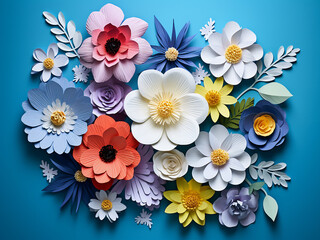 Vibrant paper flowers pop against a blue backdrop in a top view