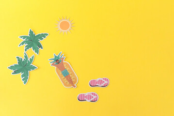 A yellow summer beach background with a man laying on a pool float with sun, palms and slippers