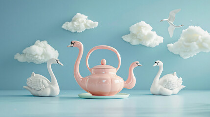Pink teapot and white swans on blue background