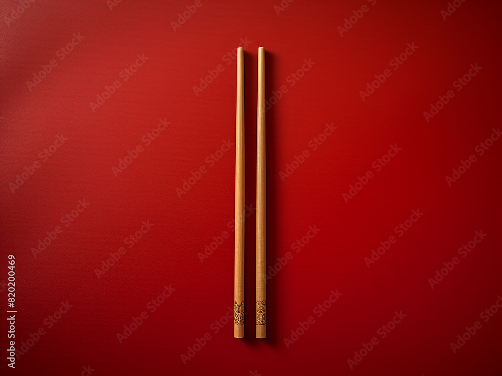 Poster top view of wooden chopsticks and rest on a red background