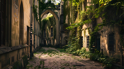 A historic alley with Gothic architecture and climbing ivy on the walls.