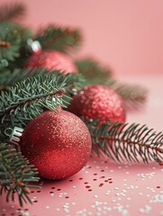 Holiday design with decorative Christmas tree toys, balls and baubles. Festive Christmas background