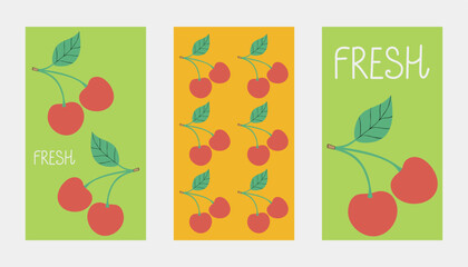 Set of summer backgrounds with cherries. Vector illustration for poster, card, print, background, wallpaper, banner, advertisement, label.