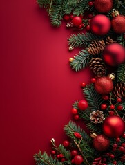 Holiday design with decorative Christmas tree toys, balls and baubles. Festive Christmas background