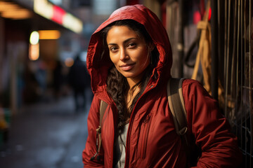 In the darkness of the midnight city, a woman stands on the street wearing a red jacket with a hood, capturing the moment of fun and happiness with flash photography