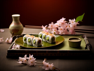 Traditional sushi set accompanied by green tea and a sakura branch on bamboo