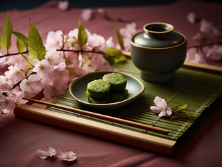 Assorted sushi selection paired with green tea and sakura branch on bamboo mat