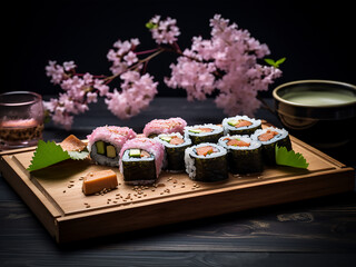 Sushi arrangement with green tea and sakura branch, elegantly presented on bamboo