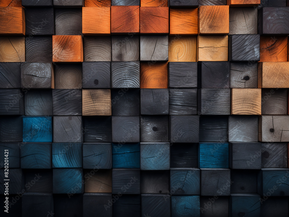 Poster colored wooden blocks arranged in rows, stacked end-on-end, facing the camera