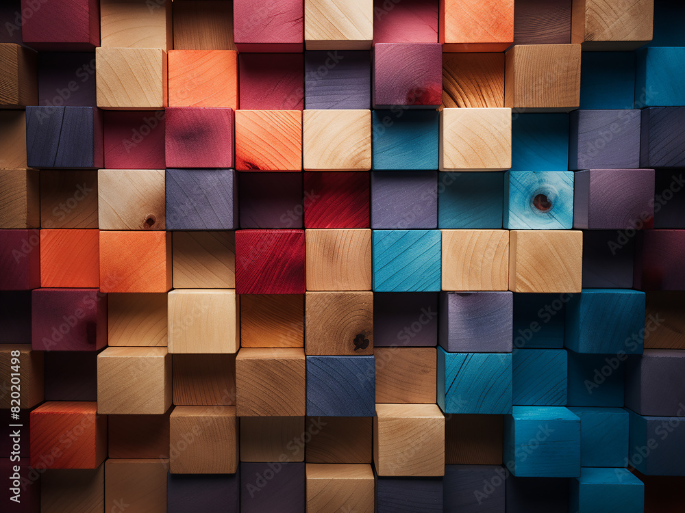 Aufkleber multicolored wooden blocks arranged with one protruding, creating a textured surface