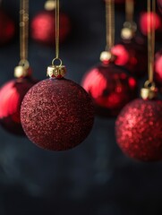 Holiday design with decorative Christmas tree toys, balls and baubles. Festive Christmas background