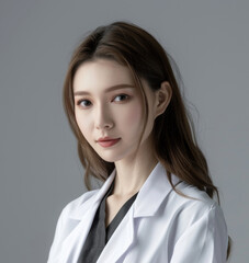 Young Female Doctor in White Coat with Thoughtful Expression on Neutral Background