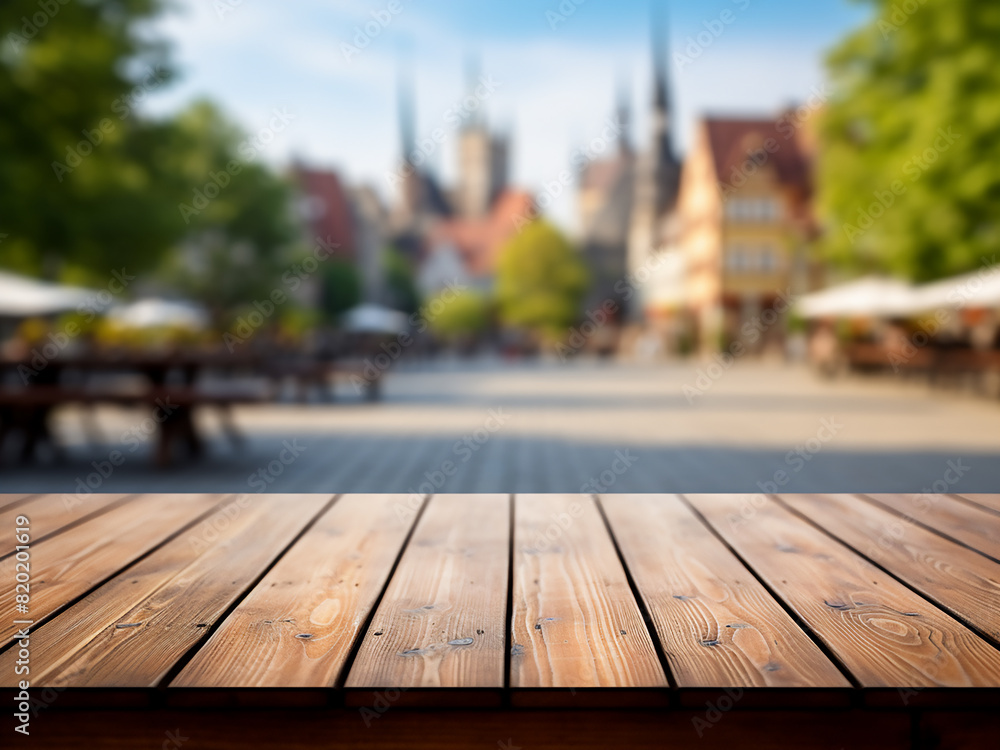 Poster an exuberant cityscape forms a blurred backdrop behind an empty wooden table