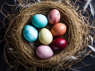 Obraz premium Vibrant Easter eggs and nest arranged in trendy flatlay