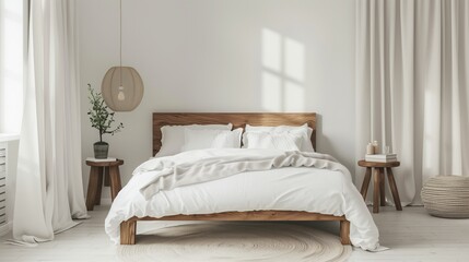 Obraz premium Cozy bedroom with sleek bed, white linens, and minimal decor for a clean vibe.