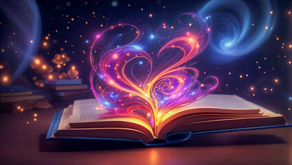 Illustration of an opened book with magical light bursting out from it promising adventorous stories ahead