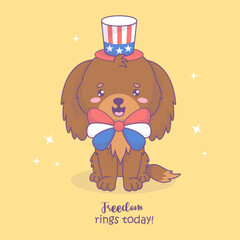 Patriotic dog wearing party hat and bow in colors of American flag. Funny holiday cartoon kawaii character. American Independence Day. Vector illustration