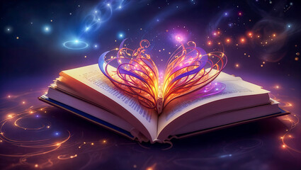 Illustration of an opened book with magical light bursting out from it promising adventorous stories ahead