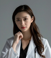 Confident Young Female Doctor in White Coat Posing in Professional Studio