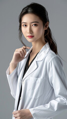 Portrait of a Young Female Doctor in a White Coat with a Neutral Background