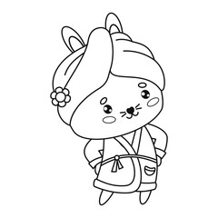 Cute bunny in bathrobe and with towel on head after bath time. Outline cartoon kawaii character animal. Line drawing, coloring book. Vector illustration. Kids collection