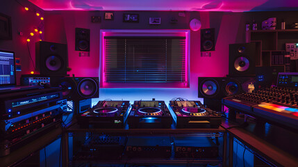 A home studio man cave for a DJ with turntables a sound mixing desk and vibrant LED lighting.