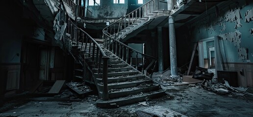 The interior of an abandoned mansion featuring a majestic grand staircase.