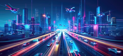 Fototapeta na wymiar In the futuristic city, neon lights cast a colorful glow against the backdrop of elevated highways