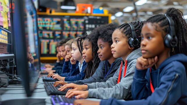 Diverse children engaged in educational program in vibrant, colorful classroom setting