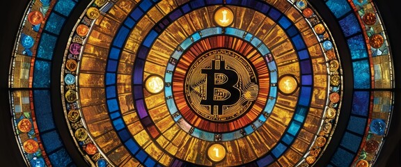 A visually striking image featuring a Bitcoin coin superimposed over a vibrant circular stained glass window, artistically blending tradition with modernity.