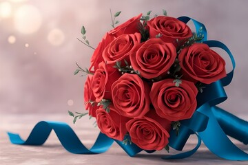 Rose flower bouquet with ribbon arrangement elegant beauty design background Generative Ai
