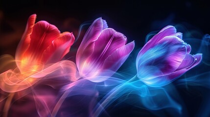   A detailed image of three flowers on black canvas with illuminated petals in shades of blue, red, and pink