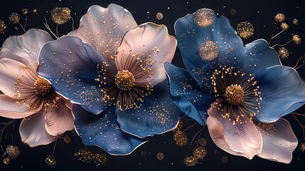   Three blue and pink flowers on a black background with gold flecks and dots on the petals