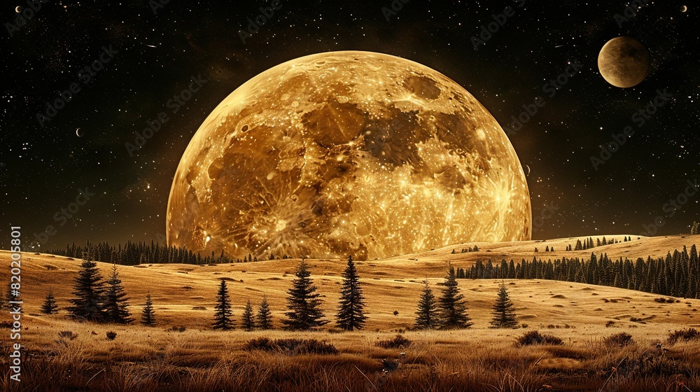 Aufkleber full moon over field with trees in foreground and dark sky with stars in background