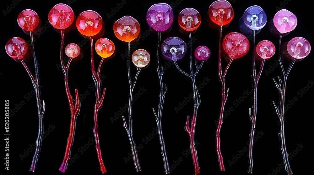 Poster a set of flowers aligned in a row against a dark backdrop with an f positioned among them