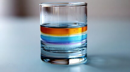   A close-up shot of a colored drink in a glass filled halfway with water