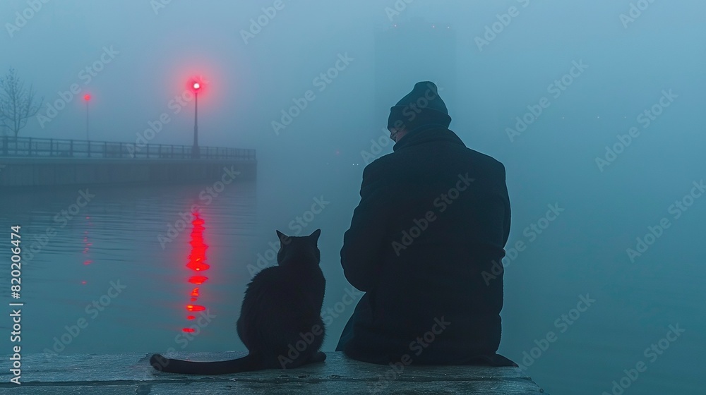 Aufkleber a man and cat sit on a dock in a foggy area with a red light in the distance