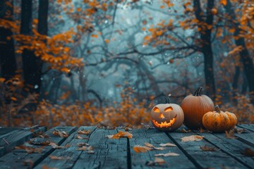 Halloween background. Spooky forest with dead trees and pumpkins and wooden table. Wood table. Halloween design with pumpkins - Generative Ai