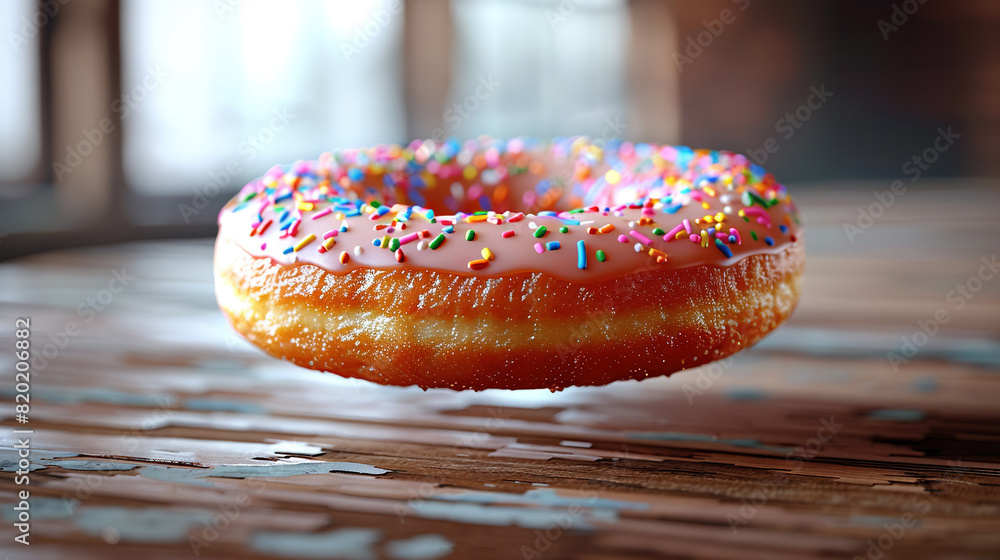 Poster   Close-up image of a donut with sprinkles on a wooden table in front of a window