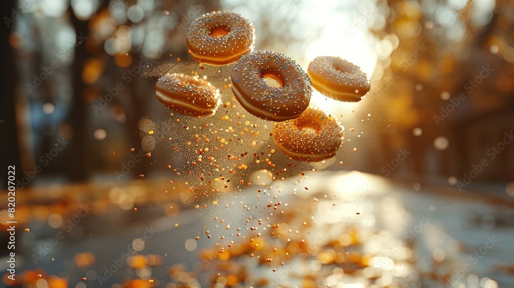 Aufkleber a blurry background of trees and buildings with multiple doughnuts flying in mid-air is the descript